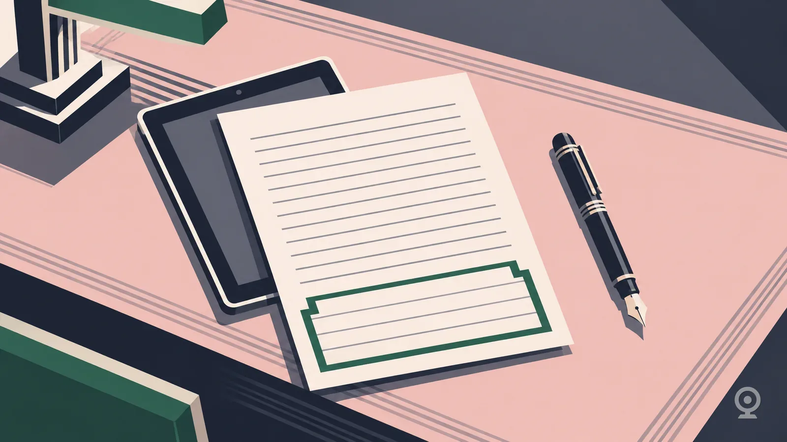 Art Deco illustration of a ruled document with a block of blank rows beside a tablet