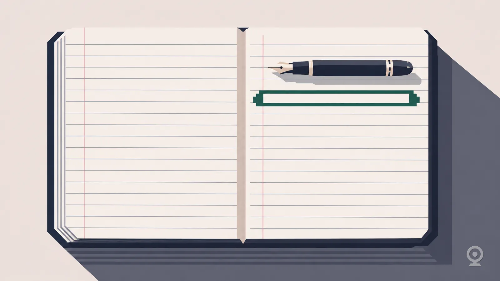 Art Deco illustration of an open journal with one row framed by a green bar
