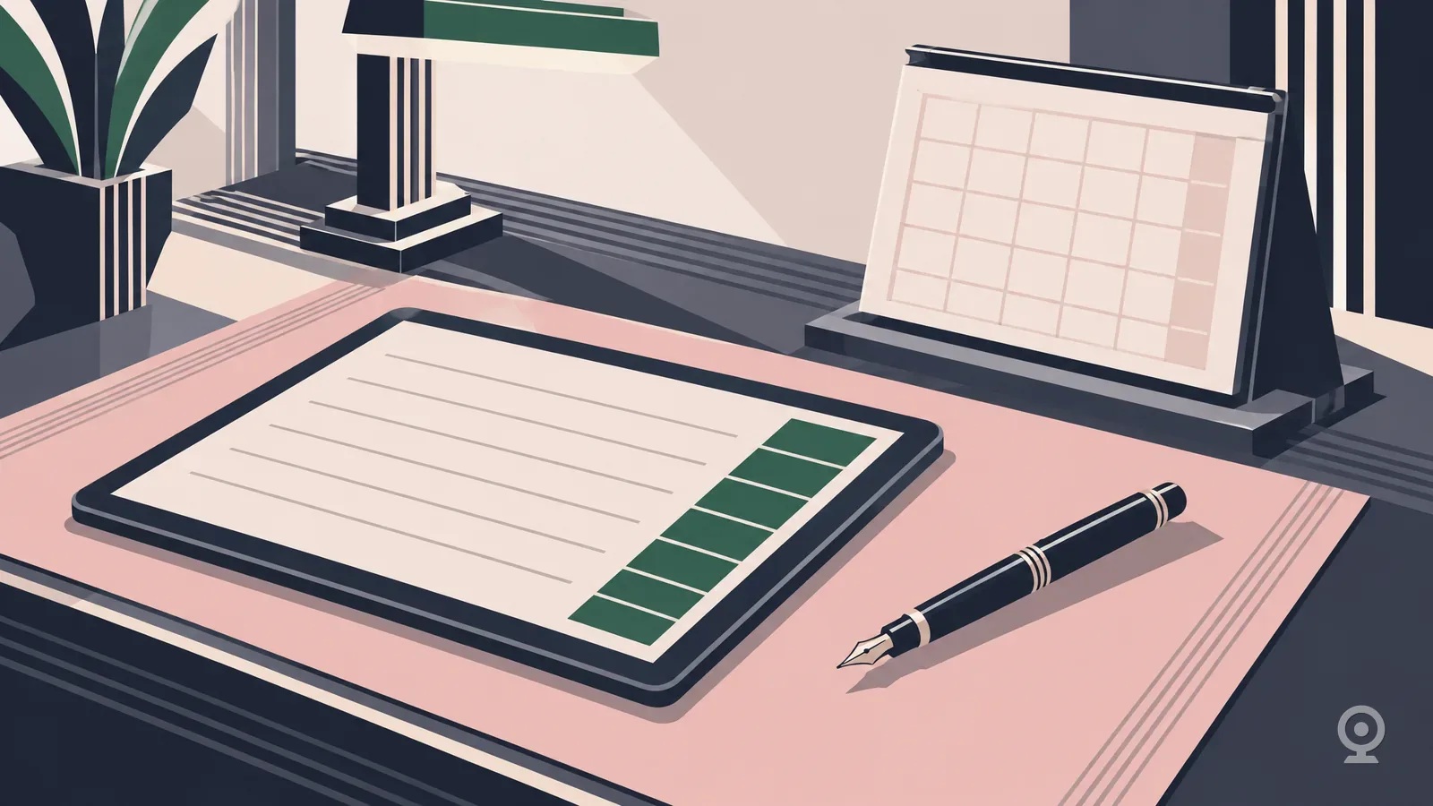 Art Deco illustration of a tablet showing blank ledger rows with a calendar behind it