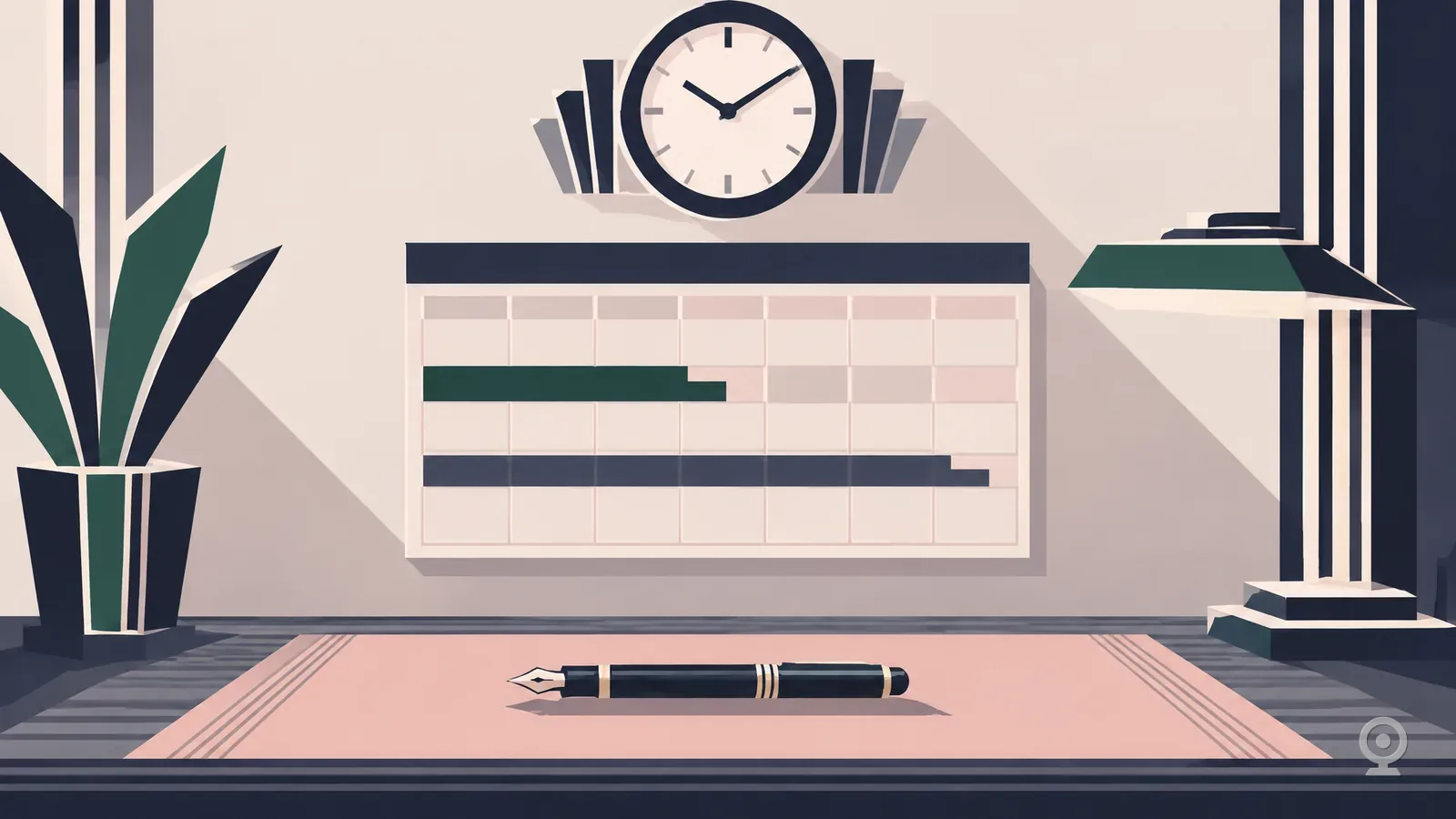 Art Deco illustration of a blank calendar crossed by two bars of different lengths