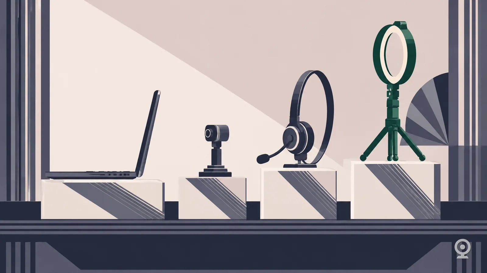 Art Deco illustration of a laptop, webcam, headset and ring light on rising plinths