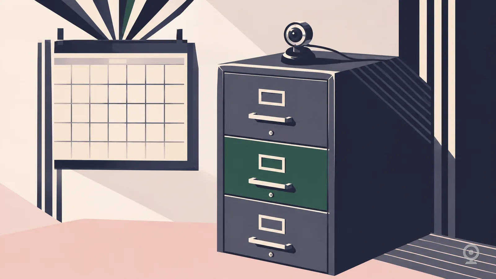 Art Deco illustration of a blank calendar grid beside a filing cabinet with a webcam on top