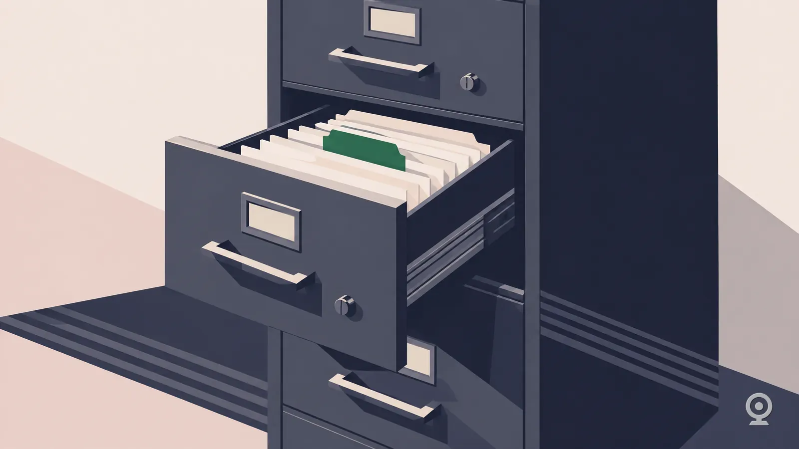 Art Deco illustration of an open filing drawer with one tab card raised